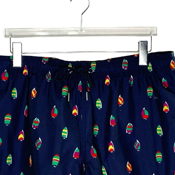 Lands End L Mens Volley Swim Trunks UPF 50 Deep Sea Navy Sailboats - Picture 4 of 11